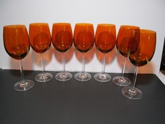 Amber Orange Clear Stem Set of 7 Wine / Water Crystal Luster Goblets 8-1/2” Tall