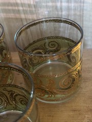 Signed Culver Toledo Green 22K Gold Rocks Glasses Set of 5 Vintage MCM Barware