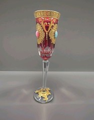 Set Of 6 Vintage Bohemian Cranberry Jeweled Champagne Flutes 24 K Gold Encrusted