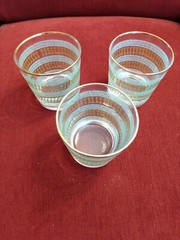3 Vintage Libbey (Collins) Glasses Mid Century Modern Gold Aqua Green Enamel