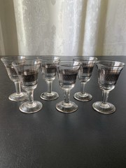 6 Small Cordial Glasses Clear W Silver Tone Overlay Approx 3” Tall Bar ware