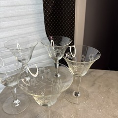 Vintage 50s Etched Polka Dot Floral Sherry, Liqueur, Wine Glasses Set Of 5