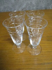 (4) Crystal Juice Glasses – Footed, Flared, Cut Glass with Leaf Design – 4 7/8″