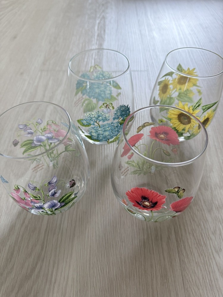 SET – Portmeirion Botanic Garden Hydrangea, Poppy Stemless Wine Glass 5″ tall