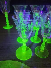 32 Piece Tiffin Etched Vaseline Glass Dinner Set – Lime Green Ribbed Stems RARE