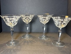 (4) Vintage Morgantown Mikado Etched Champagne / Tall Sherbet Glasses 1930s