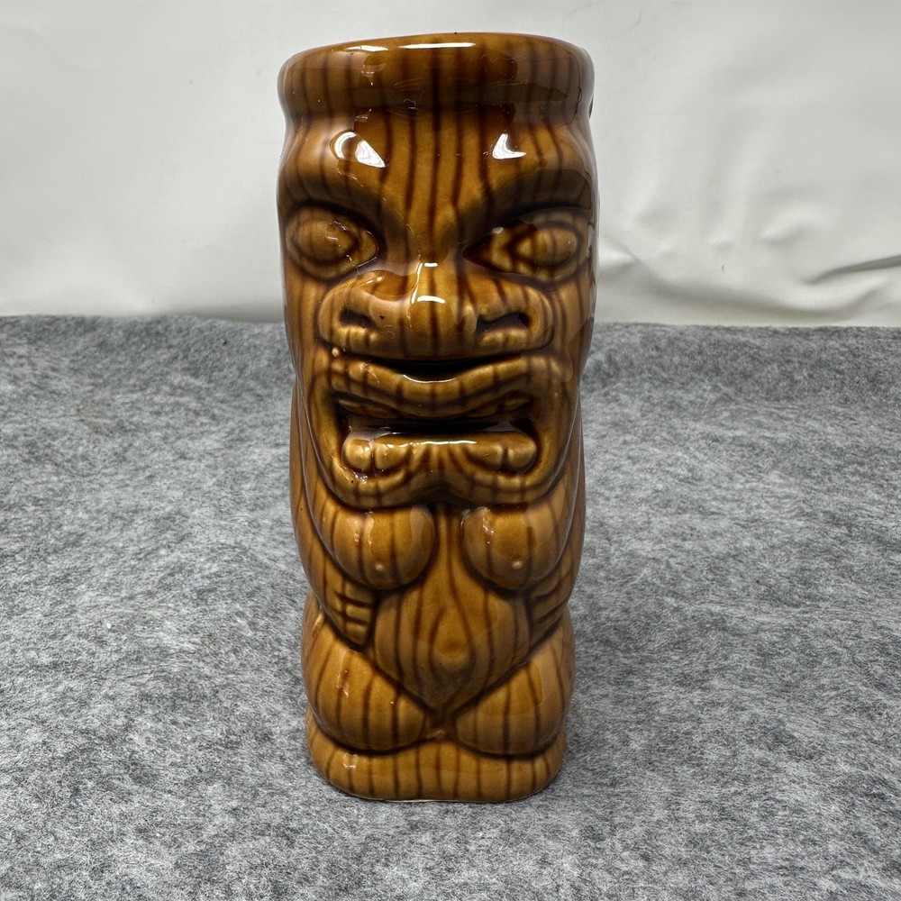Ceramic Tiki Mug Brown Woodgrain Double Face Polynesian Hawaiian Tiki Bar 7in