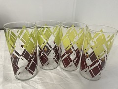 MCM VINTAGE TUMBLER GLASSES BROWN & YELLOW DIAMOND PLAID 6.5” X 3.24” Set Of 4