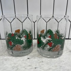 Two Vintage LIBBEY Pinecone & Holly Double Old Fashioned Glass Tumbler