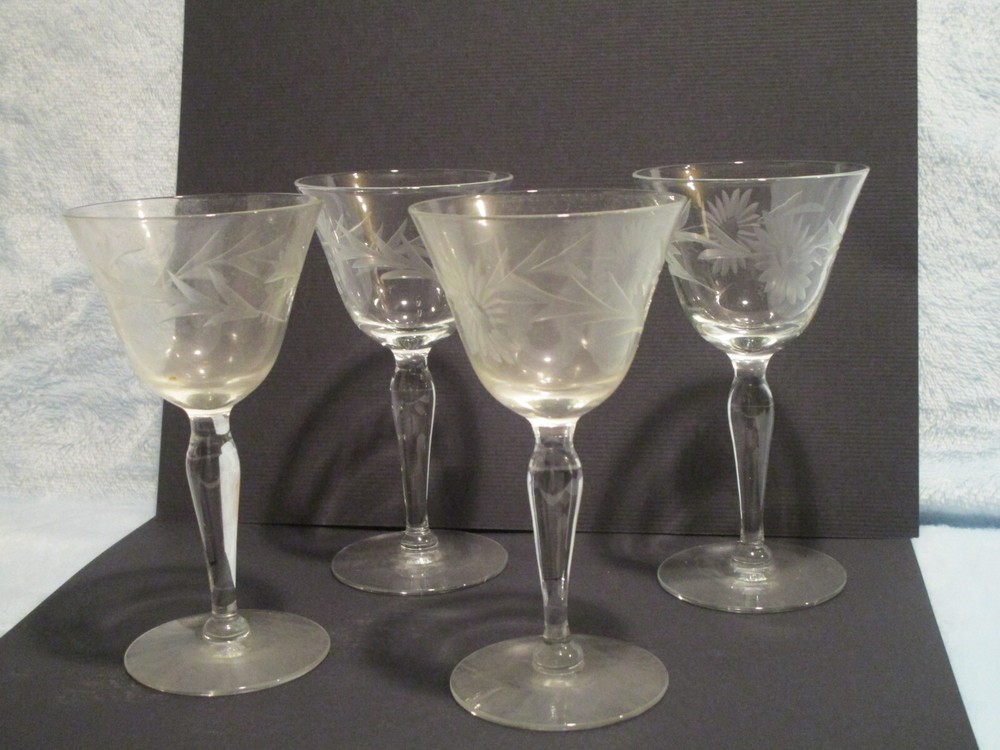 4 Stemmed Cordial Glasses, Floral and Leaf Pattern, Vintage, Set of Four