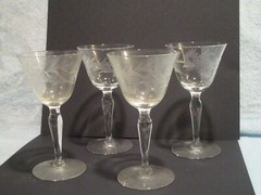 4 Stemmed Cordial Glasses, Floral and Leaf Pattern, Vintage, Set of Four