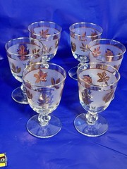 Set of 6 Vintage Libby Frosted Water Goblets with Gold Leaves And Gold Rim