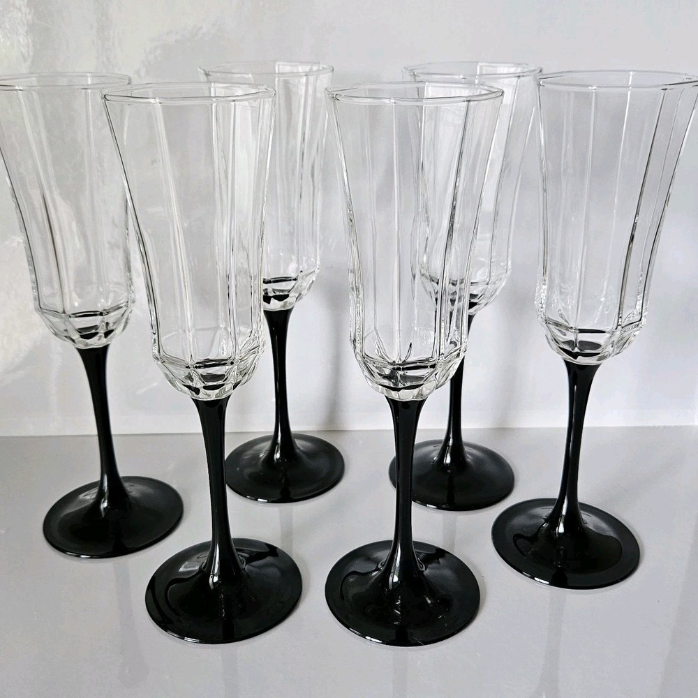 6 Luminarc Octime Black Stem Champagne Flutes Glasses 8.5″ France