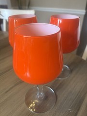 Vintage Carlo Moretti Murano art glass Orange White lined clear stem MCM Set 3