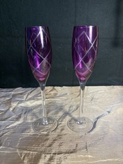 Pier 1 Diamond Etched Champagne Flutes Purple Set of 2 Glasses 7 oz