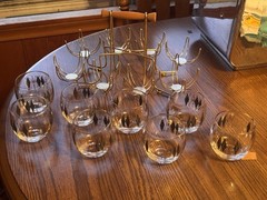MCM federal Harlequin set of eight roly-poly glasses with caddy