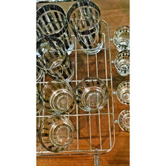 Dorothy Thorpe Style Platinum Silver Stripe Bar Glass Set With CADDY MCM WOW!