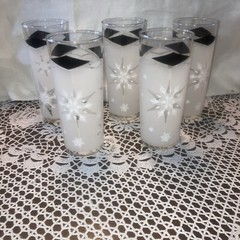 MCM Anchor Hocking Frosted Atomic Snowflake Glasses Tumblers Tom Collins 5 Pc