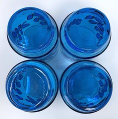 Set of 4 Vtg J Wm Hale Cobalt Blue Leaf High Ball Tumbler Glasses 14oz Stackable
