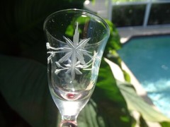Weston Crystal Gray Cut Flower Clear 1 oz Footed Cordial w/ Ruby Red Foot VGUC