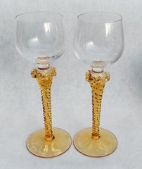Set of 2 Vintage Bohemian Amber & Clear Art Glass Wine Goblets w/Crown Hallmark