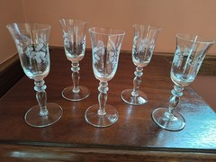 VTG Toscany Romania Hand Blown Crystal Wine Sherry Glasses Etched Floral Set 5