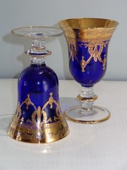 2 Cristallerie Italiane Cobalt Blue & Gold Medici Wine Glass Goblets (C)