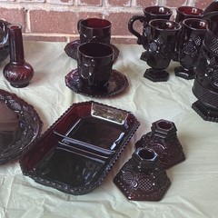 Burgundy Pressed Glass Drinkware Set Goblets Mugs Tumblers Cups & Saucers