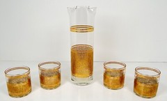 Culver 22k Gold Bands Gold Weave 1 Pitcher Double Spout 4 Rocks Glasses Set