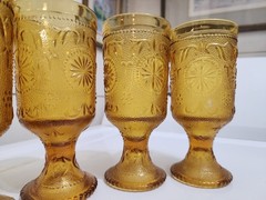 Vintage Amber Glass Goblets Set 4 Daisy Floral Pressed Drinking Glasses Pedestal