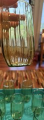 11 Vtg Green Juice Glasses Ribbed Optic Inner Ribbed Approx 3.5″ MCM. Beautiful