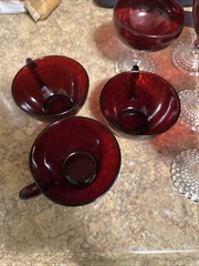 Anchor Hocking Bubble Foot Ruby Goblets, Tea Cups, Custard Dish, Red Bowls