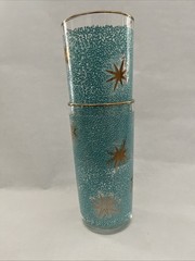 Vintage Libby Atomic Starburst Teal Blue And Gold MCM Glass Tumbler Lot Of 2