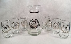 West Virginia Glass Co. 25th Silver Anniversary Pitcher & 6 Tumbler Glass Set