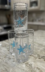 Set Of 4 HandBlown Bullicante Glass Highball Tumblers 6” Applied Starfish Disc
