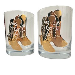 Culver Lowball Old Fashioned Glasses 22k Gold Cowboy Western Boots Set Of 2 Hot!