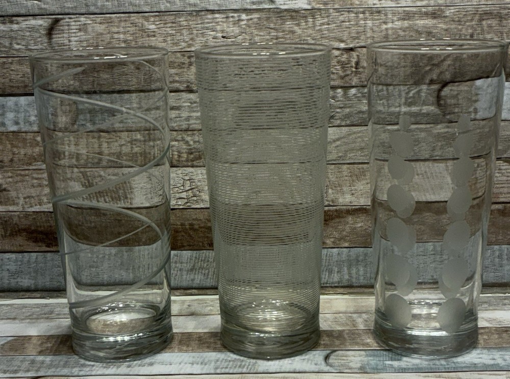 3 MIKASA CHEERS Glasses Tumblers Tall Dots Lines Swirl Clear 7” Replacements