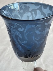 Vintage Michael Weems 2002 Blue Etched Glass Wine Glasses Set of 2