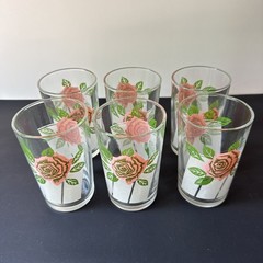 Set of 6 Vintage Pink Rose Floral 4” Juice Drinking Glasses Tumblers Retro