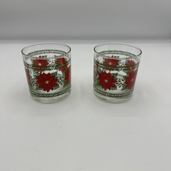 Christmas Holiday Poinsettia Rocks Glass Clear Red Green Set Of 2