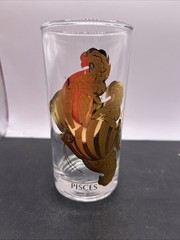 Vtg MCM Pisces Zodiac Glass Heavy Gold Highball Barware Anchor Hocking