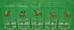 «Set x 5 Yellow & Blue Jersey c1950s Hand-Painted Polo Player Highball Glasses»