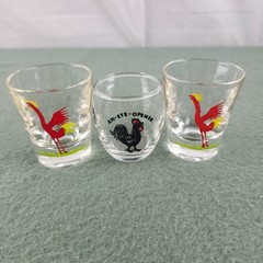 2 Vintage MCM Federal Red Rooster Shot Glasses Barware & 1 Rooster Eye Opener