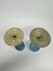 Set 2 Hand Blown Studio Art Wine Glasses Blue Iridescent w/ Twisted Cane Stems