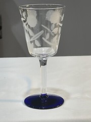 6 Vintage Clear w/ Cobalt Blue Stem Base Etched Bouquet Cordial Glasses Set of 6