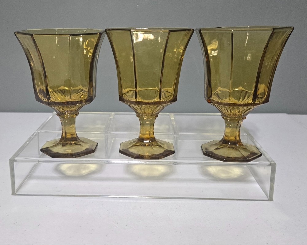 ~3~ Vintage Independence Octagonal Yellow Footed Water Wine Glass Goblets 6″