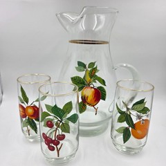West Virginia Glass 4 Piece Set Fruit Pitcher and 3 Glass Set Gold Trim