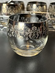 Vintage Roly Poly Bar Ware Heavy Silver Band Iridescent Set 6 Glasses Scroll