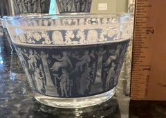 Vtg Set 8 JEANNETTE GLASS Corinthian Blue Greek Roman Whisky Tumbler Wedgewood