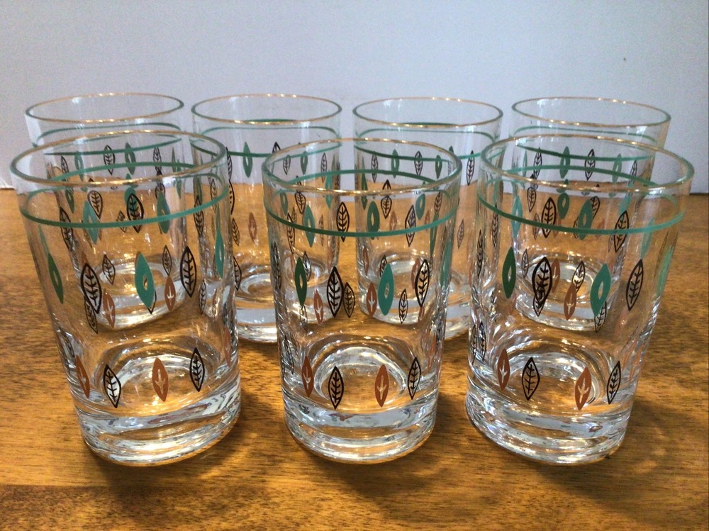 7 vtg retro mid century 3.5” juice glasses green black gold leaf motif